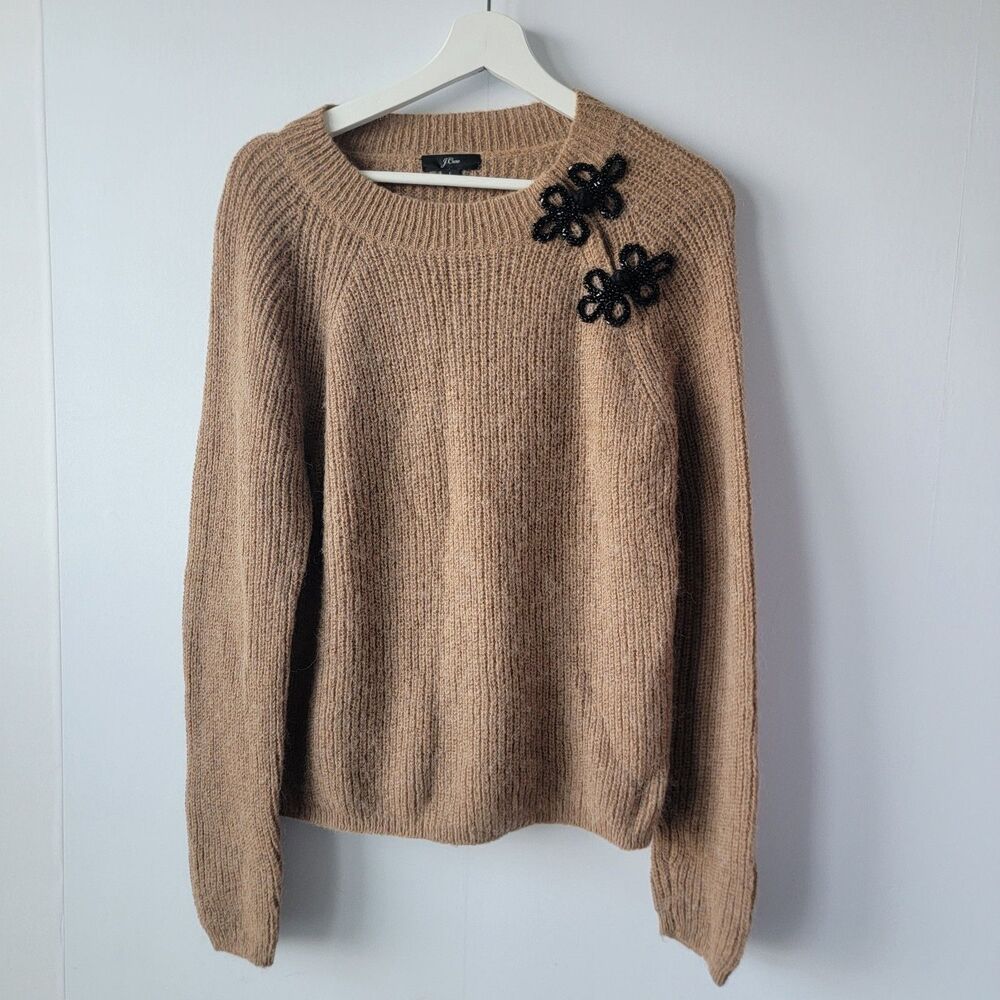 J. Crew Womens Sweater Size L Camel Ribbed  alpaca wool Blend with Beaded